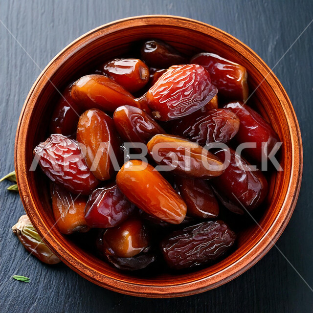 High nutritional value meal, top view of a plate full of fresh dates, traditional Ramadan hospitality, distinctive types of dates, healthy snacks, black background