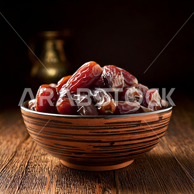 وجبة ذات قيمة غذائية عالية، صورة مقربة لطبق مليء بحبات التمر الطازجة على سطح خشبي, ضيافة رمضانية تقليدية، أنواع التمور المتميزة، سناكات صحية مفيدة
