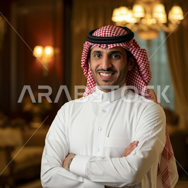الوقوف بايماءات أيدي متقاطعة، الاناقة والاهتمام بالمظهر الخارجي، صورة مقربة لرجل عربي خليجي سعودي مبتسم يرتدي الثوب التقليدي والشماغ ينظر الى الكاميرا بتعابير الفخر والثقة بالنفس، مفهوم الشياكة والرجولة والقوة