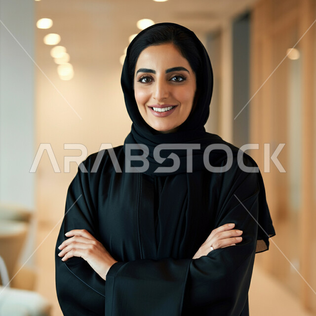 مفهوم الانوثة والنعومة، الاهتمام بالاناقة والمظهر الخارجي، صورة مقربة لامرأة عربية خليجية سعودية مبتسمة ترتدي العباءة السوداء تنظر الى الكاميرا بتعابير السرور والثقة بالنفس، الوقوف بايماءات ايدي متقاطعة