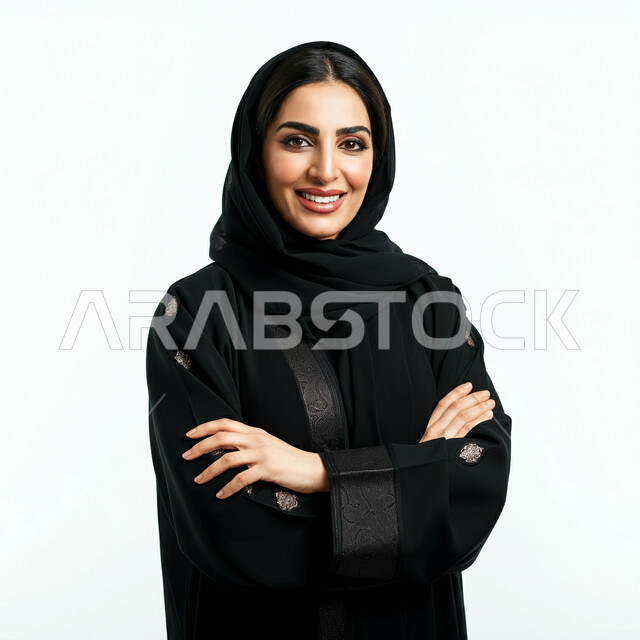 مفهوم الانوثة والنعومة، الاهتمام بالاناقة والمظهر الخارجي،  بورتريه لامرأة عربية خليجية سعودية مبتسمة ترتدي العباءة السوداء تنظر الى الكاميرا بتعابير السرور والثقة بالنفس، الوقوف بايماءات ايدي متقاطعة، خلفية بيضاء