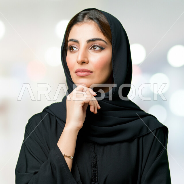 محاولة إيجاد حل لشيء ما، التمعن والتركيز والتخطيط للمستقبل، مفهوم الانوثة والنعومة، الاهتمام بالاناقة والمظهر الخارجي،  بورتريه مقرب لامرأة عربية خليجية سعودية محجبة ترتدي العباءة السوداء تضع يدها على ذقنها وتنظر بعيدا بايماءات التفكير والتأمل، خلفية بيضاء