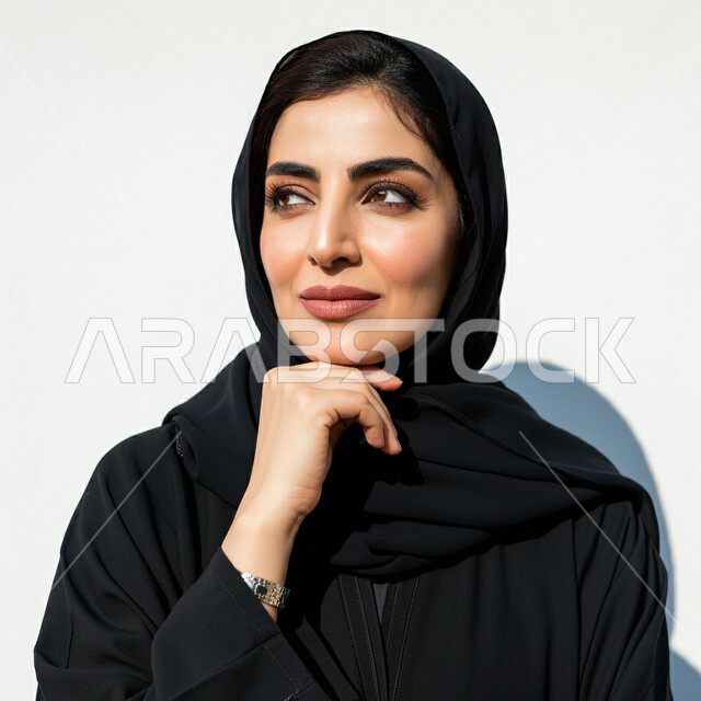 Trying to find a solution to something, contemplation, focus and planning for the future, the concept of femininity and softness, interest in elegance and outward appearance, close-up portrait of a veiled Saudi Arabian Gulf woman wearing a black abaya, putting her hand on her chin and looking away with gestures of thinking and contemplation, white background