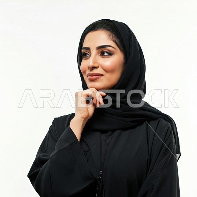 الاناقة والاهتمام بالمظهر الخارجي، أزياء محجبات عصرية راقية، بورتريه مقرب لامرأة عربية خليجية سعودية مبتسمة ترتدي العباءة السوداء تضع يدها على ذقنها بتعابير التفكير والتأمل، مفهوم النعومة والانوثة، النظر الى مكان ما بايماءات السرور والثقة بالنفس، خلفية بيضاء
