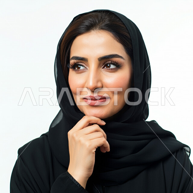 الاناقة والاهتمام بالمظهر الخارجي، أزياء محجبات عصرية راقية، بورتريه مقرب لامرأة عربية خليجية سعودية مبتسمة ترتدي العباءة السوداء تضع يدها على ذقنها بتعابير التفكير والتأمل، مفهوم النعومة والانوثة، النظر الى مكان ما بايماءات السرور والثقة بالنفس، خلفية بيضاء