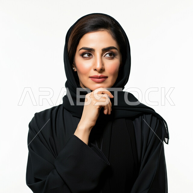 الاناقة والاهتمام بالمظهر الخارجي، أزياء محجبات عصرية راقية، بورتريه مقرب لامرأة عربية خليجية سعودية مبتسمة ترتدي العباءة السوداء تضع يدها على ذقنها بتعابير التفكير والتأمل، مفهوم النعومة والانوثة، النظر الى مكان ما بايماءات السرور والثقة بالنفس، خلفية بيضاء