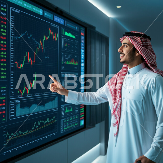 دمج التكنولوجيا الحديثة بالعمل، رجل أعمال عربي خليجي سعودي يرتدي الثوب التقليدي والشماغ يرفع يده يقوم بمراقبة الرسوم البيانية على شاشة إلكترونية مضيئة، متابعة ارتفاع وانخفاض الأسهم في سوق البورصة، الاستثمار المالي والاقتصادي، تداول العملة الرقمية