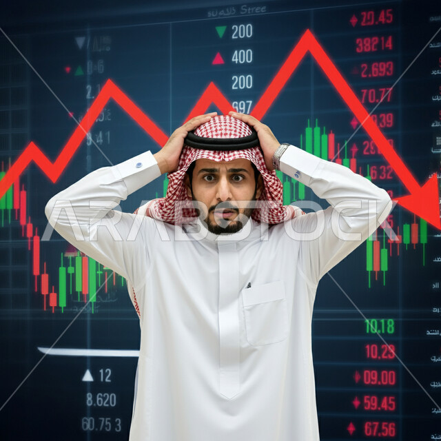 مفهوم الصفقات غير الناجحة، رجل أعمال عربي خليجي سعودي يرتدي الثوب التقليدي والشماغ يضع يديه على رأسه بإيماءات الخسارة والحزن، مراقبة الرسوم البيانية على شاشة إلكترونية مضيئة، انخفاض الأسهم في سوق البورصة، الاستثمار المالي والاقتصادي، تداول العملة الرقمية