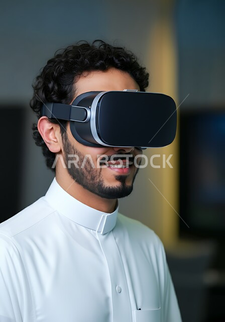 المتعة و التسلية بالمشاهدة عبر نظارة الواقع الافتراضي، التطور التقني والتكنولوجي, صورة مقربة لشاب عربي خليجي سعودي يرتدي الثوب التقليدي ينظر من خلال نظارات ثلاثية الأبعاد (الفي ار) بإيماءات السرور, الاندماج ومحاكاة العالم الخيالي
