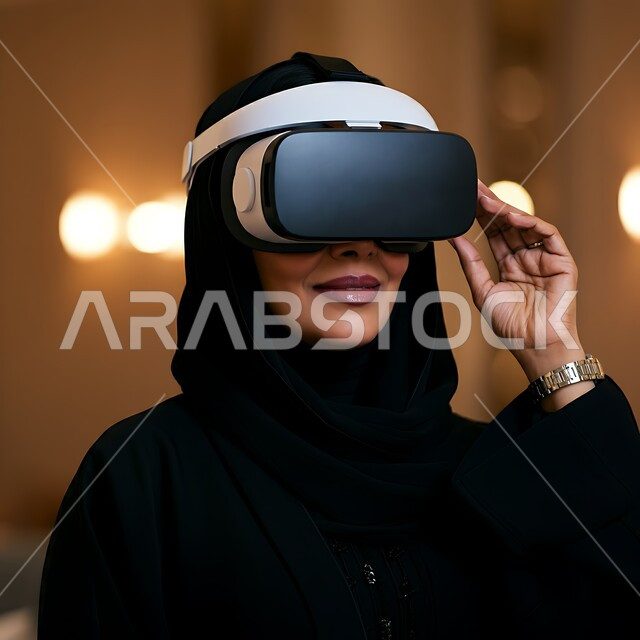 Technical and technological development, entertainment and enjoyment of watching through virtual reality glasses, a close-up image of a veiled Saudi Arabian Gulf young woman wearing a black abaya looking through 3D glasses (VR) with gestures of pleasure, integration and simulation of the imaginary world