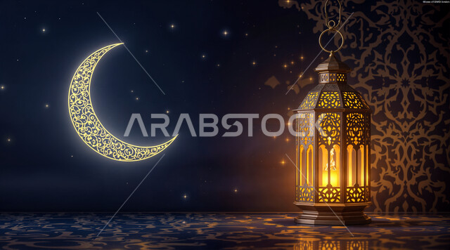 البهجة بقدوم رمضان المبارك، ديكورات و زخارف وأضواء شهر الخير، الاحتفال بالمناسبات والأعياد الدينية الإسلامية، صورة مقربة لفانوس معدني تقليدي مع هلال مضيء، الأجواء الرمضانية الروحانية