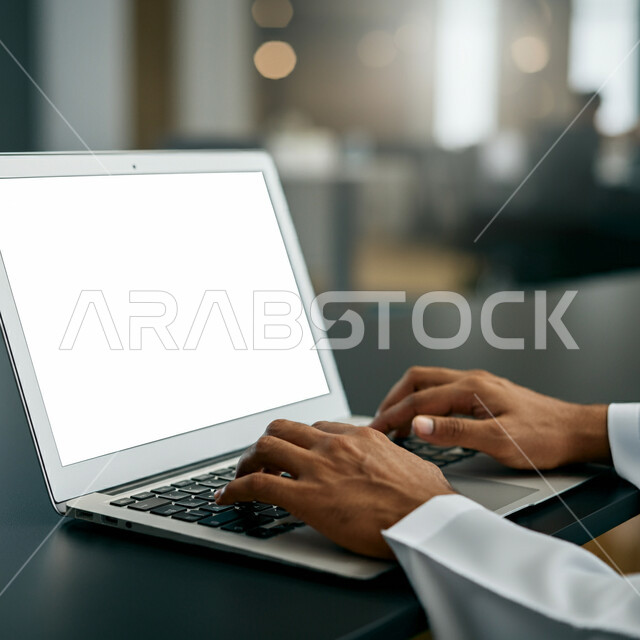 استخدام الأجهزة التقنية الحديثة والمتطورة, إدراة الأعمال عن بعد, صورة مقربة ليدين رجل عربي خليجي سعودي يرتدي الثوب التقليدي يعمل على جهاز الحاسب المحمول، عرض شاشة بيضاء فارغة، تصفح التطبيقات والبرامج الالكترونية عبر الابتوب، إنجازالمهام عبر الانترنت