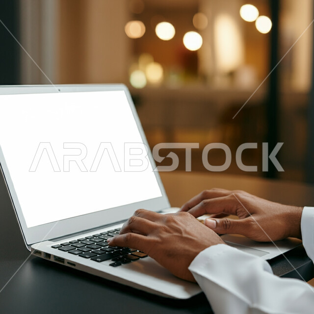 استخدام الأجهزة التقنية الحديثة والمتطورة, إدراة الأعمال عن بعد, صورة مقربة ليدين رجل عربي خليجي سعودي يرتدي الثوب التقليدي يعمل على جهاز الحاسب المحمول، عرض شاشة بيضاء فارغة، تصفح التطبيقات والبرامج الالكترونية عبر الابتوب، إنجازالمهام عبر الانترنت