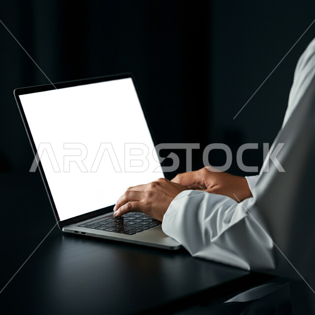 إدراة الأعمال عن بعد, بورتريه مقرب ليدين رجل عربي خليجي سعودي يرتدي الثوب التقليدي يعمل على جهاز الحاسب المحمول، عرض شاشة بيضاء فارغة، تصفح التطبيقات والبرامج الالكترونية عبر الابتوب، استخدام الأجهزة التقنية الحديثة والمتطورة, خلفية سوداء