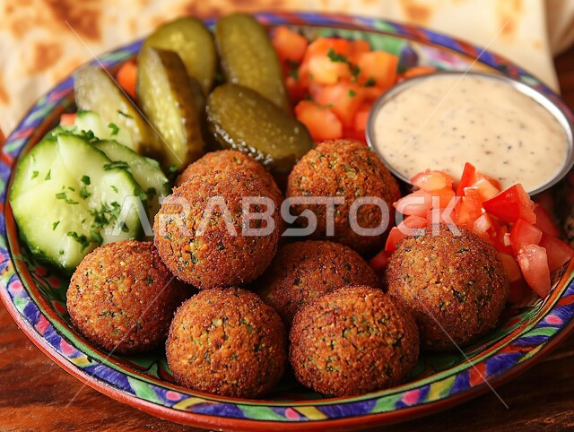 المأكولات العربية الشرقية، طبق من اقراص الفلافل المقرمشة مع الخضروات الطازجة والمخللات وصلصة الطحينة، وجبات الطعام الشعبية الشهية، المطاعم العربية التقليدية في المملكة العربية السعودية، أطعمة غنية بالحبوب والبروتينات