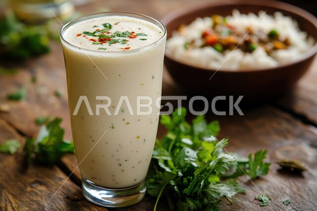 مشروبات صيفية منعشة، كوب طويل من اللبن الكريمي البارد المزين بالبقدونس على لوح خشبي، شراب رمضاني شهي غني بالفيتامينات والفوائد، فنون التقديم في مطابخ ومطاعم المملكة العربية السعودية