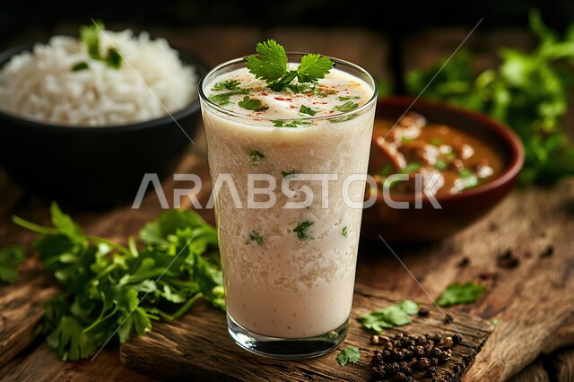 مشروبات صيفية منعشة، كوب طويل من اللبن الكريمي البارد المزين بالبقدونس على لوح خشبي، شراب رمضاني شهي غني بالفيتامينات والفوائد، فنون التقديم في مطابخ ومطاعم المملكة العربية السعودية