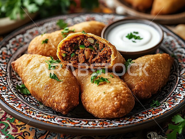 مقبلات رمضانية شهية، فطائر مقلية متنوعة الحشوات، أطباق رئيسية في سفرة إفطار شهر رمضان المبارك، وصفات المأكولات والأطعمة العربية الشرقية السعودية اللذيذة ، السمبوسك المقرمش المحشو باللحم و الخضراوت مع صلصة اللبن