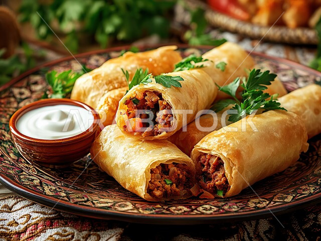 مقبلات رمضانية شهية، فطائر مقلية متنوعة الحشوات، أطباق رئيسية في سفرة إفطار شهر رمضان المبارك، وصفات المأكولات والأطعمة العربية الشرقية السعودية اللذيذة ، السمبوسك المقرمش المحشو باللحم و الخضراوت مع صلصة اللبن