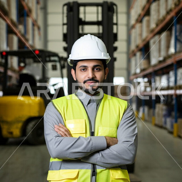 مركز التوزيع والخدمات، مفهوم إدارة المخزون, صورة مقربة لعامل مستودعات عربي خليجي سعودي يرتدي الثوب التقليدي والخوذة وسترة الحماية يقف بأيدي متقاطعة ينظرإلى الكاميرا بإيماءات الثقة بالنفس والجدية، عمليات الاستلام والتخزين، مخازن معامل المملكة العربية السعودية