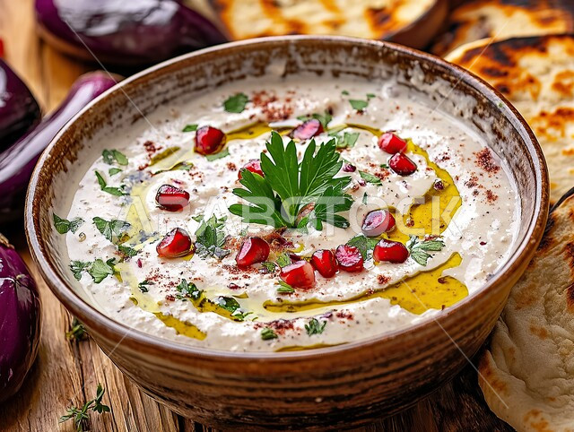 فنون تقديم الطعام في مطاعم المملكة العربية السعودية، وعاء من المتبل الكريمي المزين بحبات الرمان والبقدونس و زيت الزيتون، مأكولات وأطباق شعبية تقليدية، وصفات طعام شرقية، المقبلات الباردة الشهية