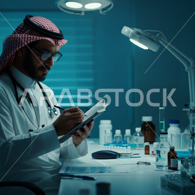 العمل في القطاع الصحي في المملكة العربية السعودية، الاهتمام بالمرضى وتسجيل الملاحظات الطبيه، تدوين الحالات المرضية ومتابعه المرضى، صورة مقربة لطبيب عربي خليجي سعودي يرتدي المعطف و السماعة الطبية يقوم بكتابة تقرير طبي