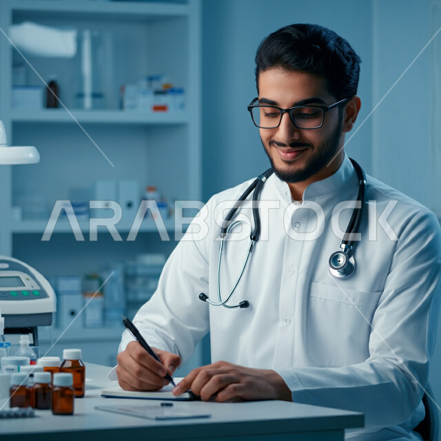 العمل في القطاع الصحي في المملكة العربية السعودية، الاهتمام بالمرضى وتسجيل الملاحظات الطبيه، تدوين الحالات المرضية ومتابعه المرضى، صورة مقربة لطبيب عربي خليجي سعودي يرتدي المعطف و السماعة الطبية يقوم بكتابة تقرير طبي
