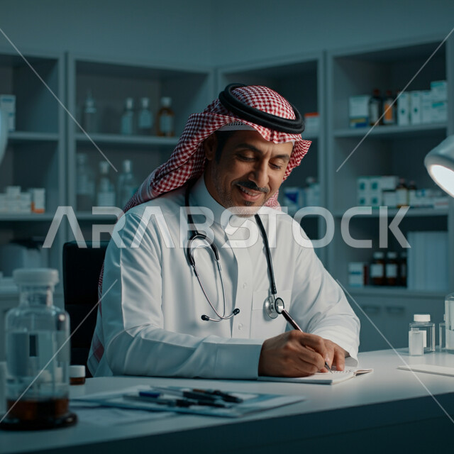 العمل في القطاع الصحي في المملكة العربية السعودية، الاهتمام بالمرضى وتسجيل الملاحظات الطبيه، تدوين الحالات المرضية ومتابعه المرضى، صورة مقربة لطبيب عربي خليجي سعودي يرتدي المعطف و السماعة الطبية يقوم بكتابة تقرير طبي