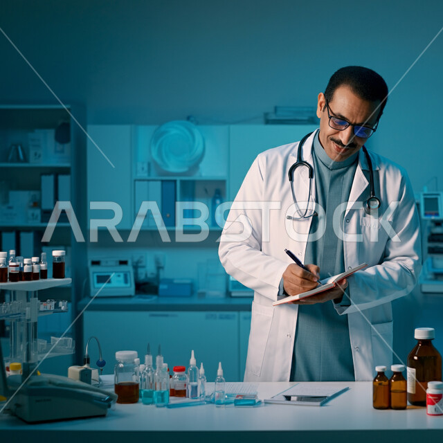 الاهتمام بالمرضى وتسجيل الملاحظات الطبيه، تدوين الحالات المرضية ومتابعه المرضى، صورة مقربة لطبيب عربي خليجي سعودي يرتدي المعطف و السماعة الطبية يقوم بكتابة تقرير طبي، العمل في القطاع الصحي في المملكة العربية السعودية