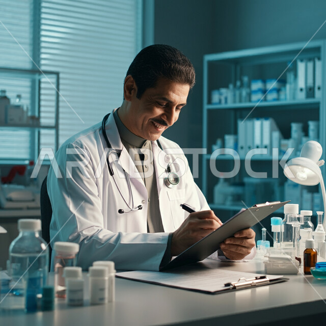 الاهتمام بالمرضى وتسجيل الملاحظات الطبيه، تدوين الحالات المرضية ومتابعه المرضى، صورة مقربة لطبيب عربي خليجي سعودي يرتدي المعطف و السماعة الطبية يقوم بكتابة تقرير طبي، العمل في القطاع الصحي في المملكة العربية السعودية