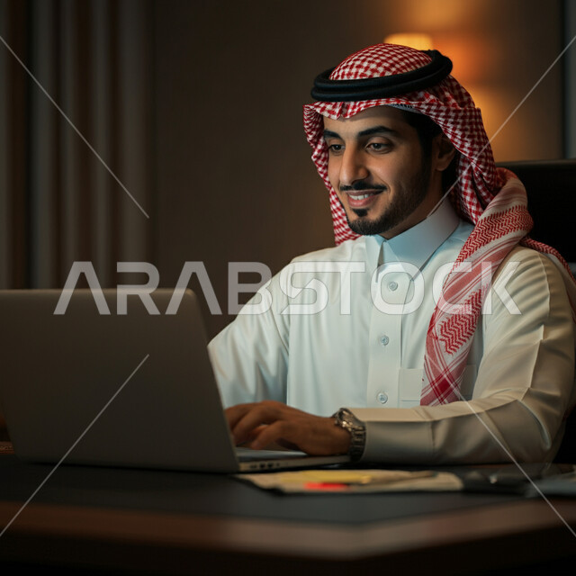 أداء المهام والاعمال المكتبية داخل مقر الشركة، رجل عربي خليجي سعودي مبتسم يرتدي الثوب التقليدي والشماغ يجلس أمام مكتبه يقوم بالعمل على الحاسب المحمول، دمج التقنية والتكنولوجيا في الحياة العملية، العمل في مكاتب وشركات المملكة العربية السعودية
