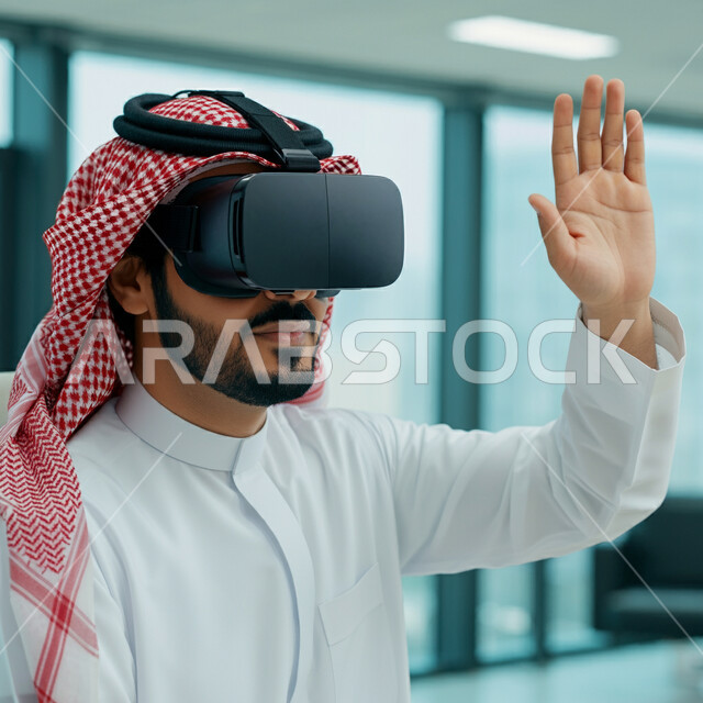 التفاعل والاندماج ومحاكاة العالم الخيالي، رجل عربي خليجي سعودي مبتسم يرتدي الثوب التقليدي والشماغ يضع نظارة الواقع الافتراضي يقوم برفع كف يديه للاعلى لمحاولة لمس شيء ما، ايماءات النهي والتوقف عن فعل امر ما، المتعة والتسلية بالمشاهدة عبر نظارات ثلاثية الابعاد