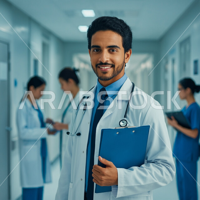 التقارير والتحاليل الطبية، العمل في القطاع الصحي في المملكة العربية السعودية، تقديم الرعاية والخدمات الصحية، قراءة ملفات وأوراق المرضى، صورة مقربة لطبيب عربي خليجي سعودي يرتدي المعطف الأبيض يضع السماعات الطبيه حول رقبته يقف في ممر مشفى