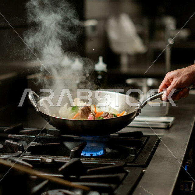 اعداد وتحضير الطعام في مطابخ و مطاعم المملكة العربية السعودية، صورة مقربة لأيدي شيف عربي خليجي سعودي يقوم بطهي اللحم مع الخضار في المقلاة على موقد الغاز، أطعمة ومأكولات شرقية لذيذة، وجبة ذات قيمة غذائية عالية