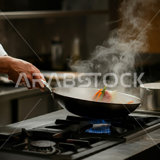 اعداد وتحضير الطعام في مطابخ و مطاعم المملكة العربية السعودية، صورة مقربة لأيدي شيف عربي خليجي سعودي يقوم بطهي اللحم مع الخضار في المقلاة على موقد الغاز، أطعمة ومأكولات شرقية لذيذة، وجبة ذات قيمة غذائية عالية