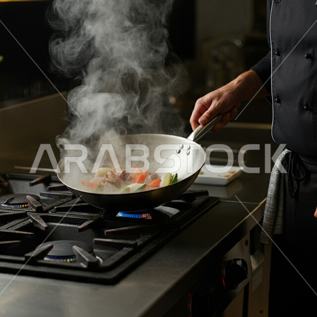 اعداد وتحضير الطعام في مطابخ و مطاعم المملكة العربية السعودية، صورة مقربة لأيدي شيف عربي خليجي سعودي يقوم بطهي اللحم مع الخضار في المقلاة على موقد الغاز، أطعمة ومأكولات شرقية لذيذة، وجبة ذات قيمة غذائية عالية