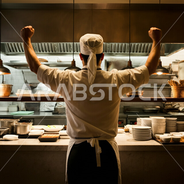 احتراف مهنة وفنون الطبخ ، صورة مقربة من الخلف لشيف عربي خليجي سعودي يرتدي زي الطهاة يعمل في المطبخ يرفع يديه للأعلى بايماءات السعادة لنجاح وصفة الطعام ، الفن في إعداد وتقديم الأصناف المتنوعة ، العمل في مطابخ ومطاعم المملكة العربية السعودية