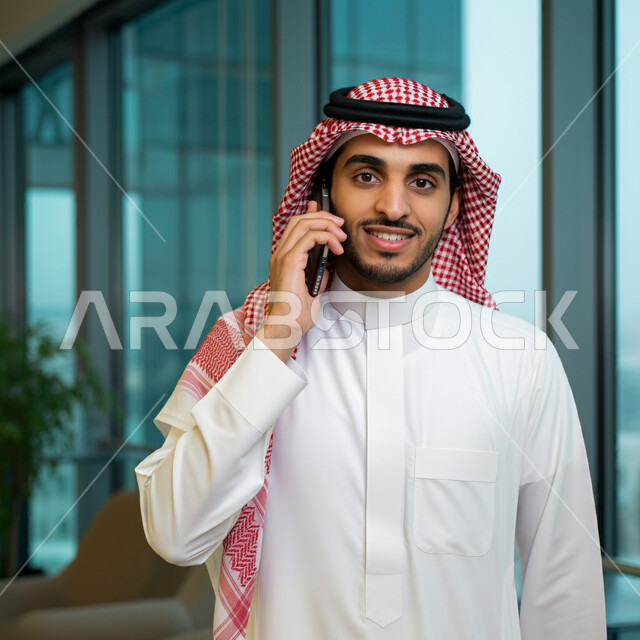 دمج التقنية والتكنولوجيا في الحياة اليومية والعملية، رجل عربي خليجي سعودي مبتسم يرتدي الثوب التقليدي والشماغ يقوم بأجراء مكالمة هاتفية باستخدام الهاتف المحمول داخل مقر الشركة، التواصل مع الاهل والاصدقاء، ايماءات الفرح والسرور