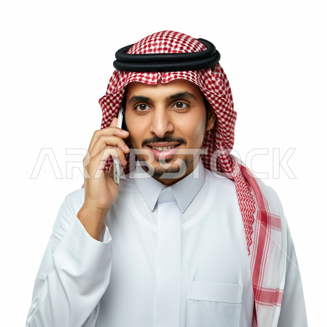  ايماءات الفرح والسرور لسماع الاخبار المفرحة، دمج التقنية والتكنولوجيا في الحياة اليومية والعملية، بورتريه مقرب لرجل عربي خليجي سعودي مبتسم يرتدي الثوب التقليدي والشماغ يقوم بأجراء مكالمة هاتفية باستخدام الهاتف المحمول، التواصل مع الاهل والاصدقاء، خلفية بيضاء