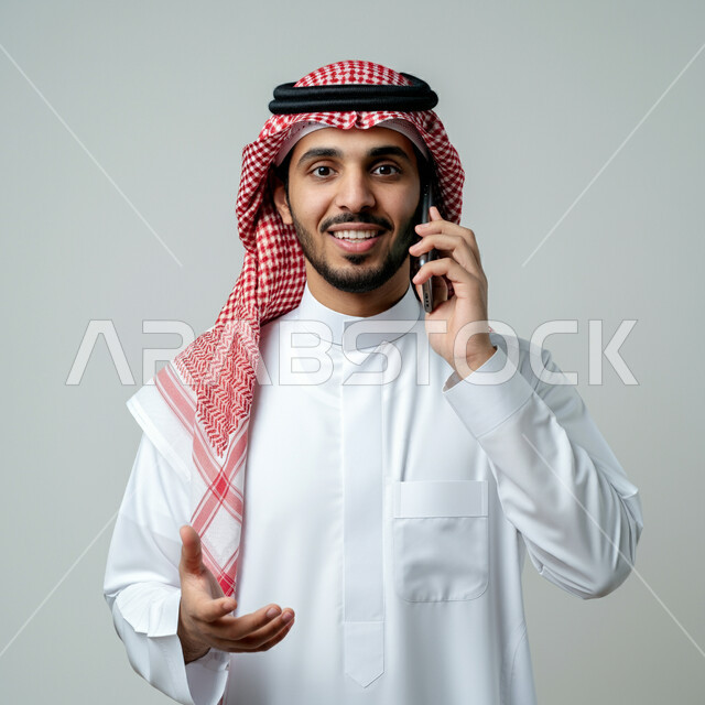  ايماءات الفرح والسرور لسماع الاخبار المفرحة، دمج التقنية والتكنولوجيا في الحياة اليومية والعملية، بورتريه مقرب لرجل عربي خليجي سعودي مبتسم يرتدي الثوب التقليدي والشماغ يقوم بأجراء مكالمة هاتفية باستخدام الهاتف المحمول، التواصل مع الاهل والاصدقاء، خلفية بيضاء