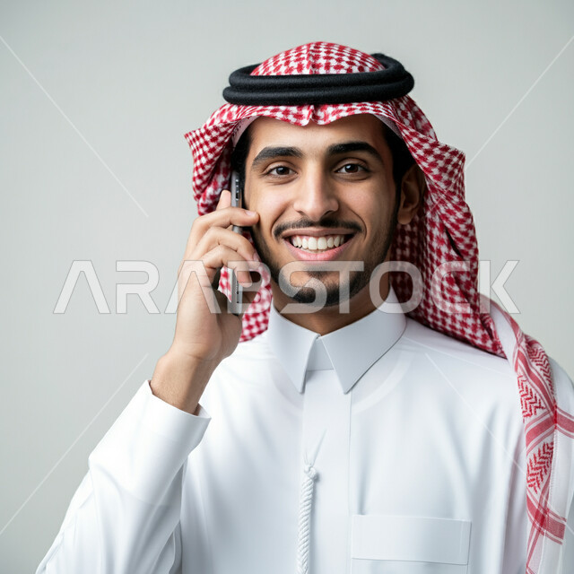  ايماءات الفرح والسرور لسماع الاخبار المفرحة، دمج التقنية والتكنولوجيا في الحياة اليومية والعملية، بورتريه مقرب لرجل عربي خليجي سعودي مبتسم يرتدي الثوب التقليدي والشماغ يقوم بأجراء مكالمة هاتفية باستخدام الهاتف المحمول، التواصل مع الاهل والاصدقاء، خلفية بيضاء