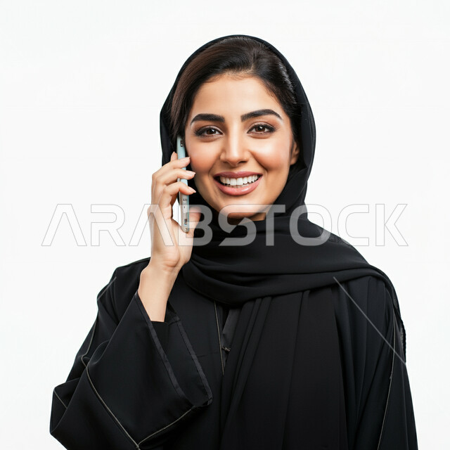التواصل مع الاهل والاصدقاء، ايماءات الفرح والسرور لسماع الاخبار المفرحة، دمج التقنية والتكنولوجيا في الحياة اليومية، بورتريه مقرب لامرأة عربية خليجية سعودية مبتسمة ترتدي العباءة السوداء تقوم بأجراء مكالمة هاتفية باستخدام الجوال، دردشة ومحادثات وتعارف، خلفية بيضاء