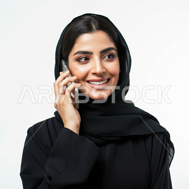 التواصل مع الاهل والاصدقاء، ايماءات الفرح والسرور لسماع الاخبار المفرحة، دمج التقنية والتكنولوجيا في الحياة اليومية، بورتريه مقرب لامرأة عربية خليجية سعودية مبتسمة ترتدي العباءة السوداء تقوم بأجراء مكالمة هاتفية باستخدام الجوال، دردشة ومحادثات وتعارف، خلفية بيضاء