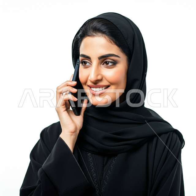 التواصل مع الاهل والاصدقاء، ايماءات الفرح والسرور لسماع الاخبار المفرحة، دمج التقنية والتكنولوجيا في الحياة اليومية، بورتريه مقرب لامرأة عربية خليجية سعودية مبتسمة ترتدي العباءة السوداء تقوم بأجراء مكالمة هاتفية باستخدام الجوال، دردشة ومحادثات وتعارف، خلفية بيضاء