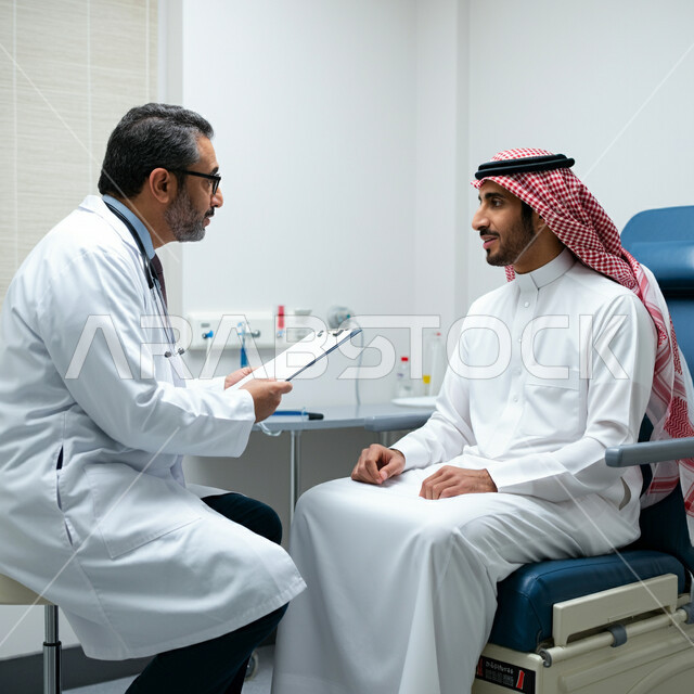 تقديم الاستشارات والخدمات العلاجية، مفهوم الطب والرعاية الصحية، طبيب عربي خليجي سعودي يرتدي المعطف الابيض والسماعة الطبية يقوم بمعاينة المريض، العمل في القطاع الصحي في المملكة العربية السعودية، إجراء الفحوصات والمتابعة الدورية للمرضى