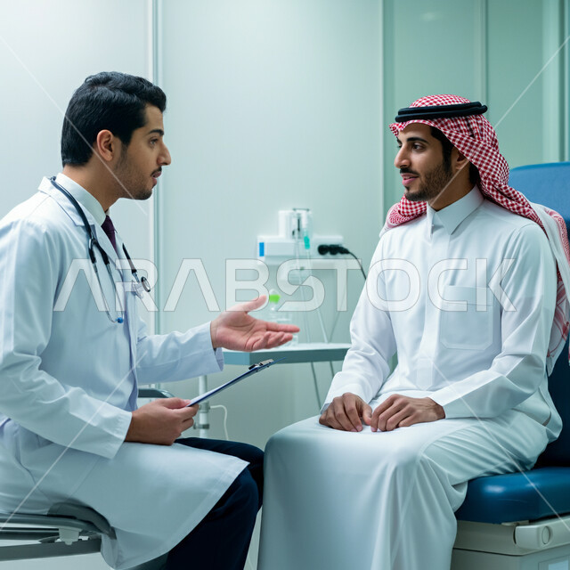 تقديم الاستشارات والخدمات العلاجية، مفهوم الطب والرعاية الصحية، طبيب عربي خليجي سعودي يرتدي المعطف الابيض والسماعة الطبية يقوم بمعاينة المريض، العمل في القطاع الصحي في المملكة العربية السعودية، إجراء الفحوصات والمتابعة الدورية للمرضى