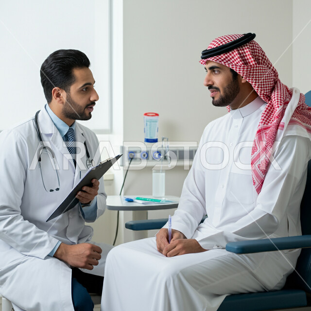 تقديم الاستشارات والخدمات العلاجية، مفهوم الطب والرعاية الصحية، طبيب عربي خليجي سعودي يرتدي المعطف الابيض والسماعة الطبية يقوم بمعاينة المريض، العمل في القطاع الصحي في المملكة العربية السعودية، إجراء الفحوصات والمتابعة الدورية للمرضى