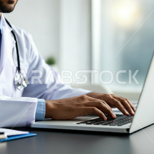 تقديم الاستشارات والنصائح للمرضى عن بعد, دمج التقنيات الحديثة بالعمل, صورة مقربة لطبيب عربي خليجي سعودي يرتدي المعطف الطبي و يضع السماعة الطبية يجلس على المكتب و يقوم بالكتابة على الحاسب المحمول, استخدام الأجهزة التقنية المتطورة
