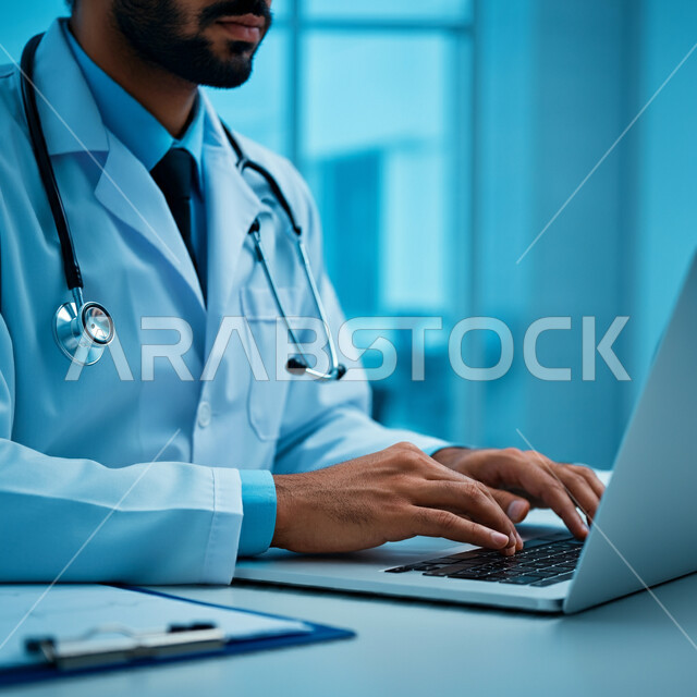 Providing consultations and advice to patients remotely, integrating modern technologies into work, a close-up image of a Saudi Arabian Gulf doctor wearing a medical coat and a stethoscope, sitting at a desk and typing on a laptop, using advanced technical devices