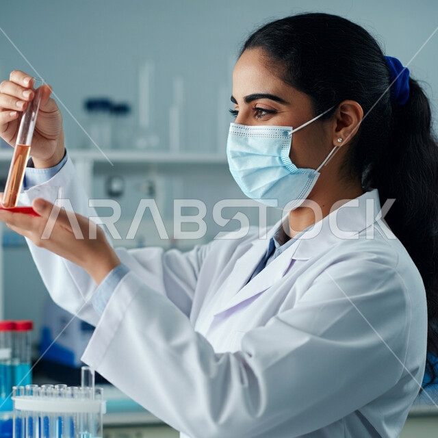 إجراء التجارب والتفاعلات الكيميائية، الأبحاث العلمية المخبرية، صورة مقربة من الجانب لطبيبة مخبرية عربية خليجية سعودية ترتدي البالطو الابيض والكمامة تحمل بيدها أنبوب الاختبارتقوم بفحصه بإيماءات التركيز والتدقيق، مفهوم الكيمياء الحيوية والبحث والتطوير